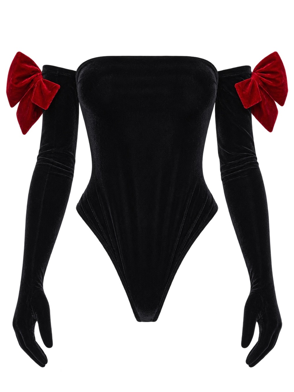 Sugar Thrillz Black Velvet Bodysuit with Red Bow Sleeves